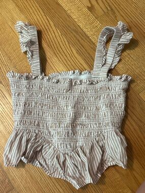 American Eagle Smocked Stripe Ruffle Tank Top - Light Beige